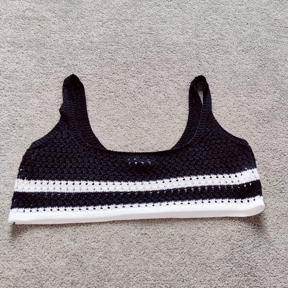 De Base Women's Knit Crotchet Bralette Black White Striped Bohemian Size Large